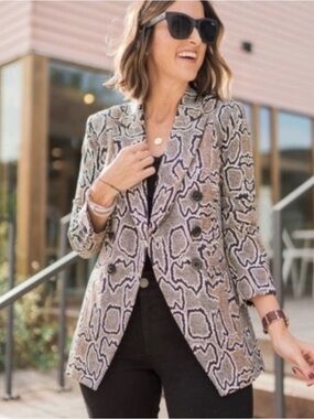CAbi Python Double Breasted Snake Print Notched Lapel Collar Blazer